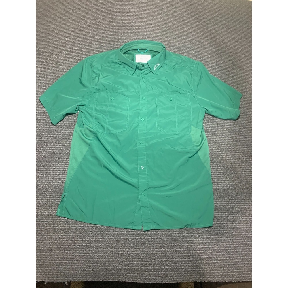 FINTECH Fishing Shirt Mens Medium Green Short Sleeve Button Up Lightweight